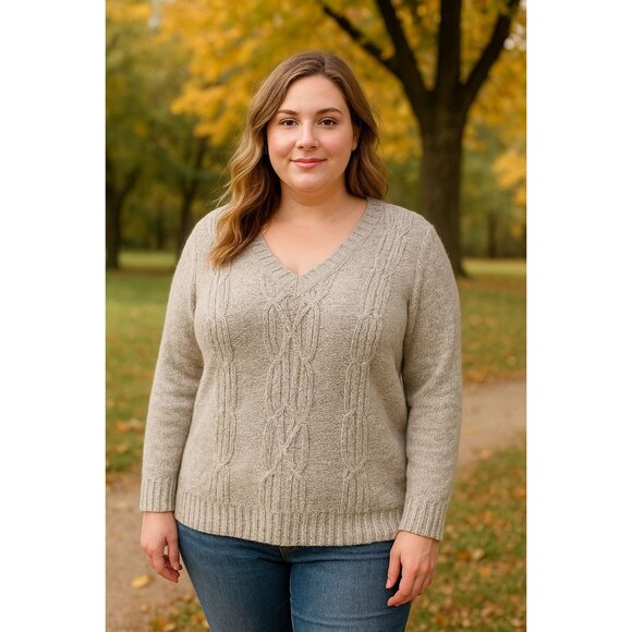 St. Johns Bay VNeck Sweater 1X Gray Cable Knit Soft Cozy Classic Pullover Preppy - Picture 1 of 8